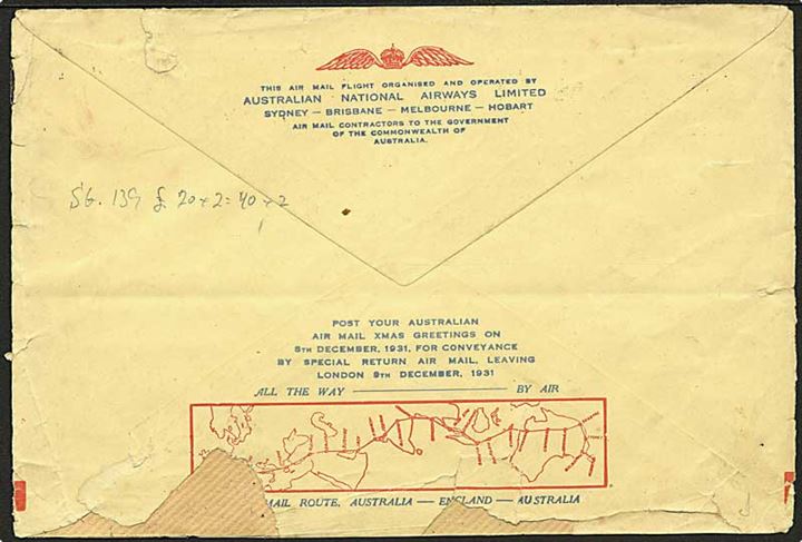 2d George V og 6d Luftpost (par) på særlig 1. flyvningskuvert Australien-England stemplet Sydney Air Mail Section G.P.O. d. 19.11.1931 til London, England. Beskadiget i bunden.