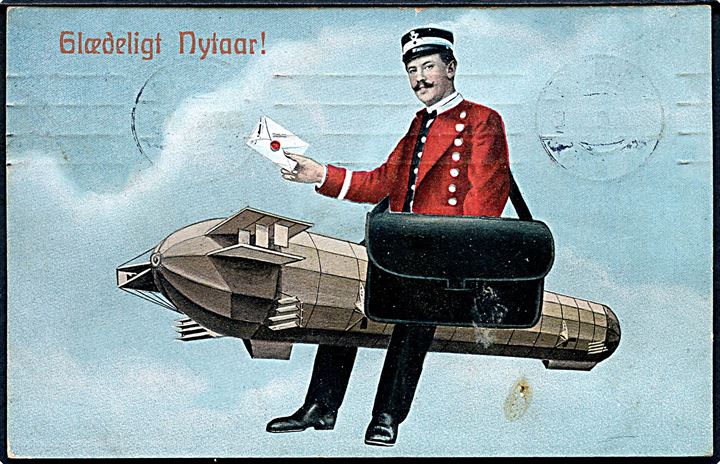 Glædeligt Nytaar. Postbud bringer posten ud på luftskib. Alex Vincents u/no. Frankeret med 5 øre Bølgelinie og Julemærke 1912.