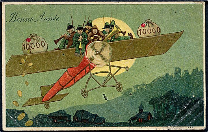 Bonne Année. (Godt Nytår). Musikere på fly med penge. Prægekort. M. S. no. 14785. 