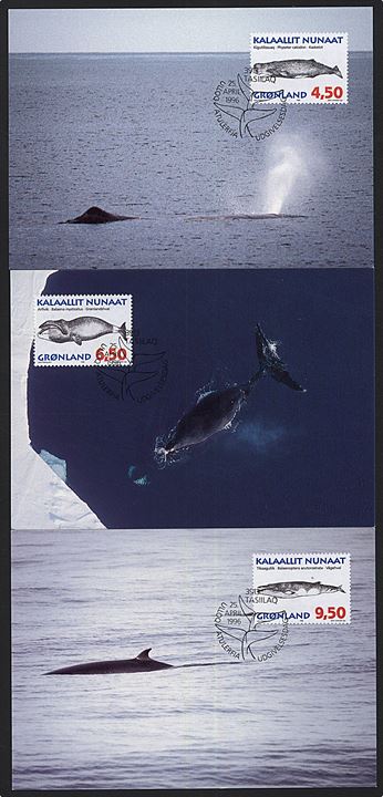 Grønland. 6 postkort med forskellige hvaler. Post Greenland, Bet. 73 - 78 / 96. 
