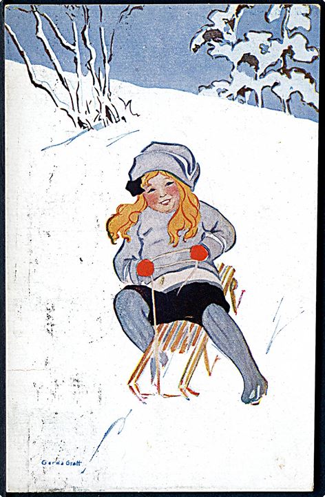 Gerda Graff: Pige på kælk ned ad bakke. Mittet & Co., serie 1802. 