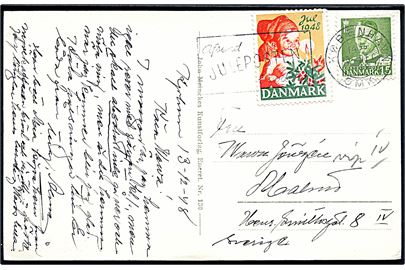 15 øre Fr. IX og Julemærke 1948 på brevkort fra København d. 13.12.1948 til Malmö, Sverige.