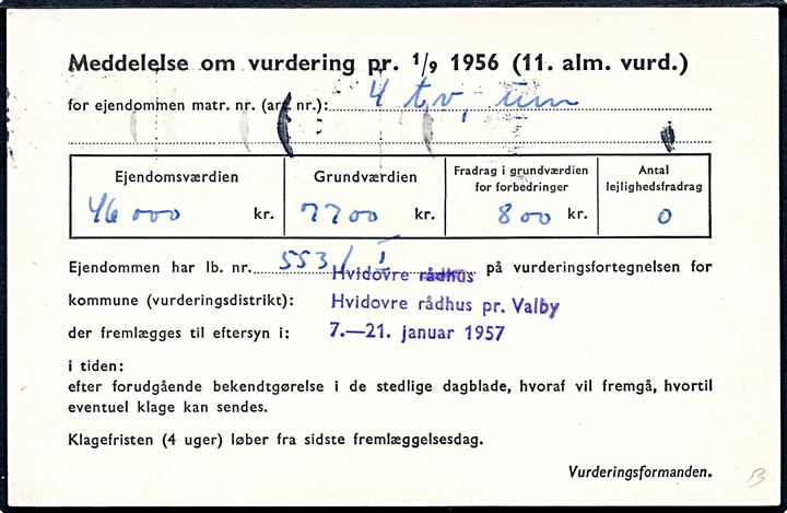 12 øre Ejendomsskyldvurdering tryksagskort (fabr. 240x) sendt lokalt i København d. 30.12.1956.