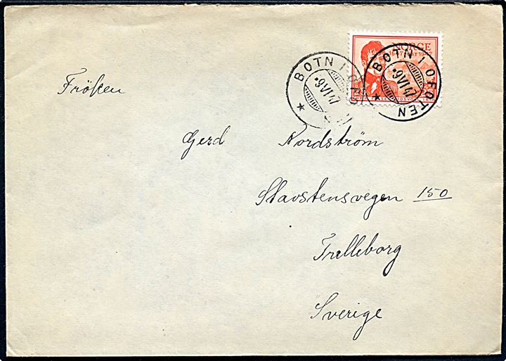 25 øre Postjubilæum på brev stemplet Botn i Ofoten d. 9.6.1947 til Trelleborg, Sverige.