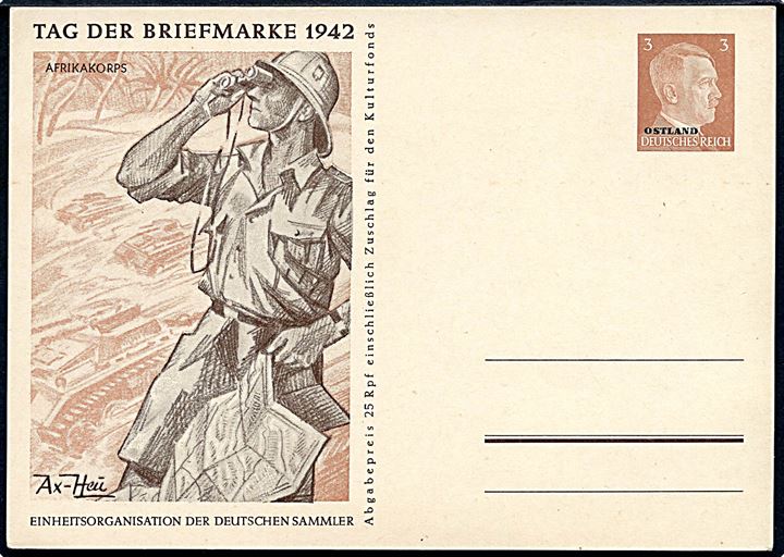 3 pfg. Hitler Ostland provisorisk illustreret helsagsbrevkort Tag der Briefmarke 1942 med tysk ørkensoldat. Ubrugt.