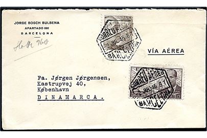 50 cts. Luftpost og 2 pts. Franco på luftpostbrev fra Barcelona d. 2.7.1946 til København, Danmark.
