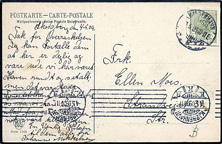 5 øre Fr. VIII helsagsafklip anvendt som frankering på brevkort fra Kjøbenhavn d. 4.5.1909.