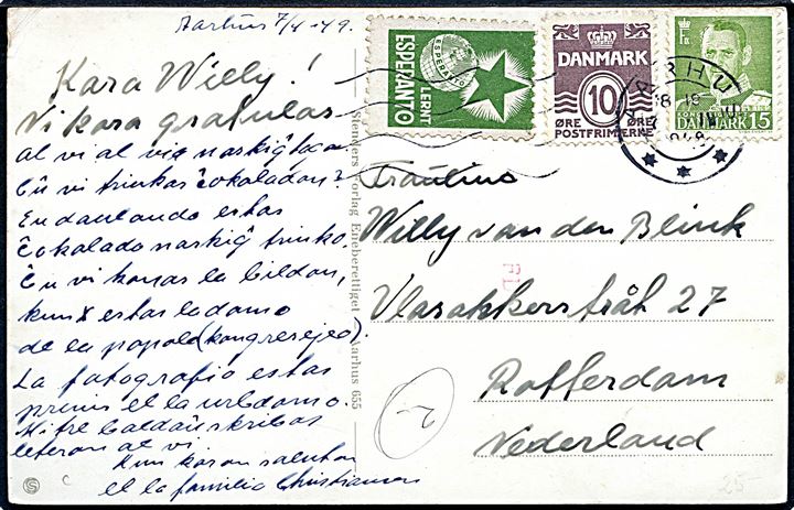 10 øre Bølgelinie, 15 øre Fr. IX og Esperanto mærkat på brevkort fra Aarhus d. 7.4.1949 til Rotterdam, Holland.