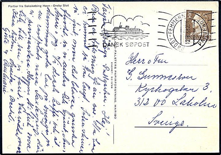 50 øre Fr. IX på brevkort annulleret med håndrulle-skibsstempel Rødby-Fehmern Paquebot d. 12.8.1968 til Laholm, Sverige.