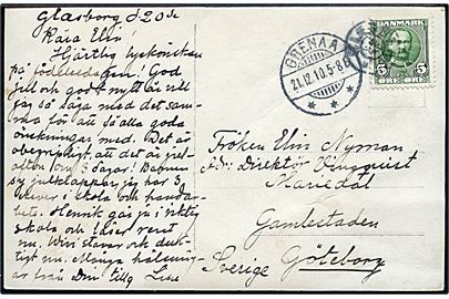 5 øre Fr. VIII på brevkort annulleret med uldent stjernestempel GLÆSBORG og sidestemplet Grenaa d. 21.12.1910 til Göteborg, Sverige.