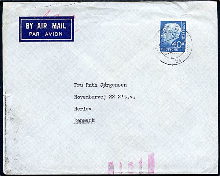 40 pfg. Heuss på brev fra sømand ombord på M/S Falstria i Hamburg d. 8.6.1958 til Herlev, Danmark. Røde ombæringskontrolstreger.