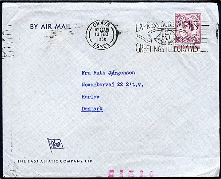 6d Elizabeth på brev fra sømand ombord på ØK-skibet M/S Falstria i Grayes d. 10.2.1958 til Herlev, Danmark. Røde ombæringskontrolstreger.