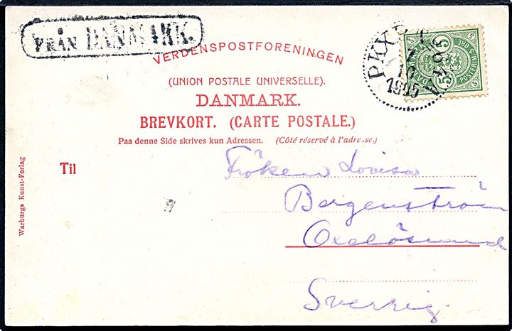 5 øre Våben på brevkort fra København annulleret med svensk bureaustempel PKXP No. 64A (= Helsingborg-Göteborg) d. 7.10.1905 og sidestemplet Från Danmark til Oxelösund, Sverige.