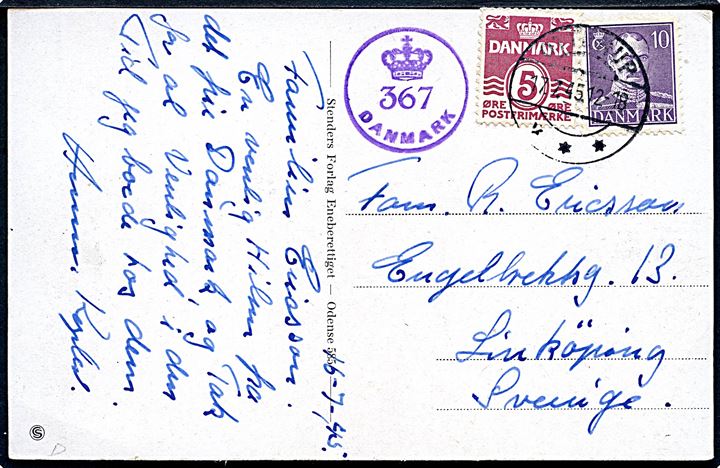 5 øre Bølgelinie og 10 øre Chr. X på brevkort fra Otterup d. 17.7.1945 til Linköping, Sverige. Dansk efterkrigscensur (krone)/367/Danmark.