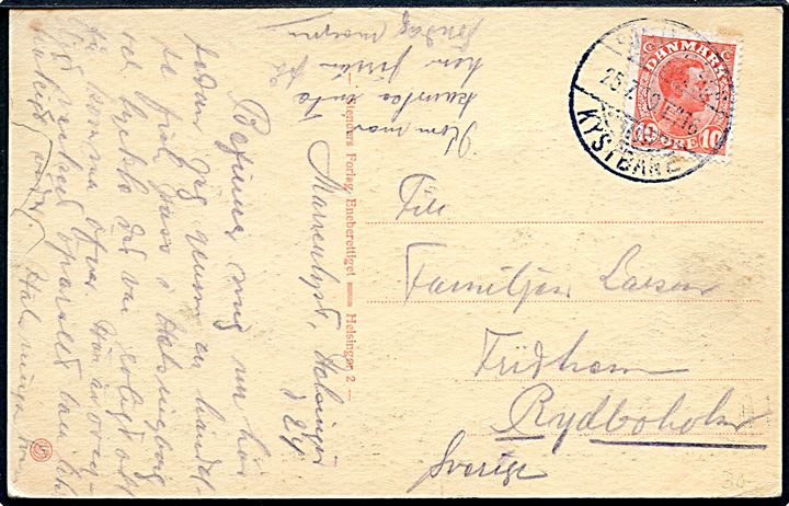 10 øre Chr. X på brevkort (Havneparti med dampskib)  fra Helsingør annulleret med bureaustempel Sjællandske Kystbane T.416 d. 25.7.1919 til Rydboholm, Sverige.