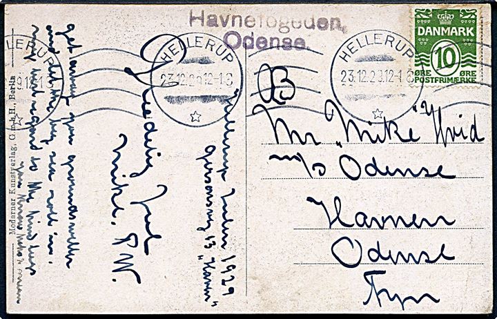10 øre Bølgelinie på julekort fra Hellerup d. 23.12.1929 til M/S Odense, Havnen, Odense. Ank.stemplet med privat stempel: Havnefogeden / Odense.