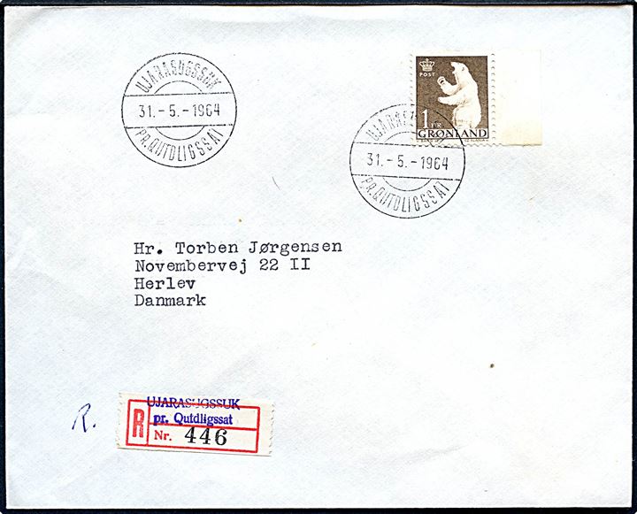 1 kr. Isbjørn single på anbefalet brev annulleret med pr.-stempel Ujarasugssuk pr. Qutdligssat d. 31.5.1964 til Herlev, Danmark.