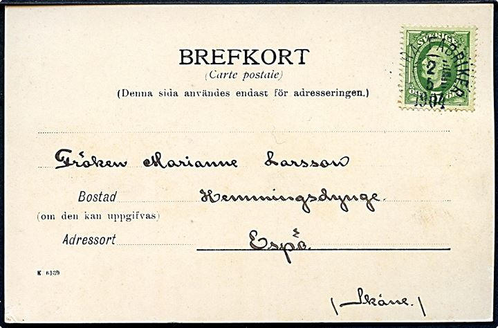 5 öre Oscar II på brevkort stemplet Sätra Fabriker d. 2.5.1904 til Espö.