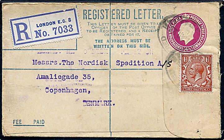 4½d George V anbefalet helsagskuvert opfrankeret med 1½d George V fra London d. x.3.1923 til København, Danmark.