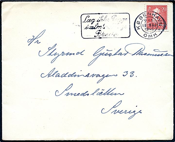 20 øre Chr. X på brev fra København d. 18.5.1945 til Smedslätten, Sverige. Uden dansk efterkrigscensur - fra den Censurløse periode.
