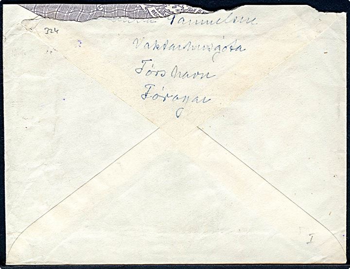 20 øre Chr. X på brev fra Thorshavn annulleret med norsk skibsstempel Bergen / Paquebot d. 25.10.1945 til maskinmester ombord på det færøske dampskib S/S Smiril på Helsingør Skibsværft, Danmark. Urent åbnet.
