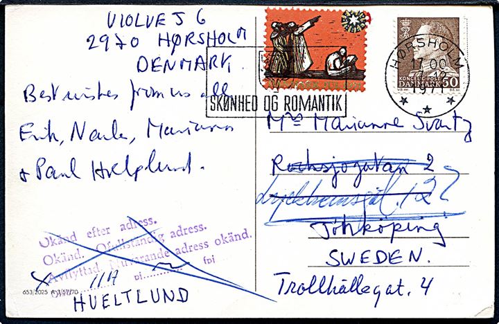 50 øre Fr. IX og Julemærke 1971 på julekort fra Hørsholm d. 17.12.1971 til Jönköping, Sverige. Omadresseret med overstreget svensk returstempel.