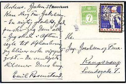 7 øre Bølgelinie og Julemærke 1929 på brevkort annulleret med blanketmaskinstempel uden valør i Aarhus d. 23.12.1929 til Kongsvang. Stempel benyttet som reservestempel i juleperioden.