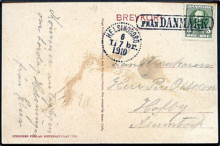 5 øre Fr. VIII på brevkort (Marienlyst, Helsingør) annulleret med svensk skibsstempel Från Danmark og sidestemplet Helsingborg d. 6.7.1910 til Åsumtorp, Sverige.
