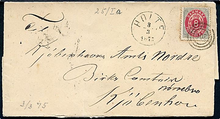 8 øre Tofarvet tryk 1a på brev annulleret med nr.stempel 206 og sidestemplet med lapidar VI Holte d. 3.3.1875 til Kjøbenhavn. 