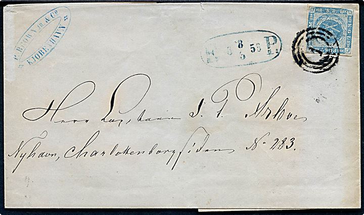 2 sk. 1855 udg. på lokalt fodpostbrev i Kjøbenhavn annulleret med nr.stempel 1 og sidestemplet F:P: d. 8.5.1856. Tæt klippet hjørne, muligvis lille rift.