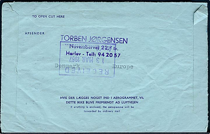80 øre aerogram (fabr. 25) fra København d. 8.1.1967 til sømand ombord på M/S Mombasa via rederiadresse i København - eftersendt til Crater, Aden. Fejlsendt til Indonesien.