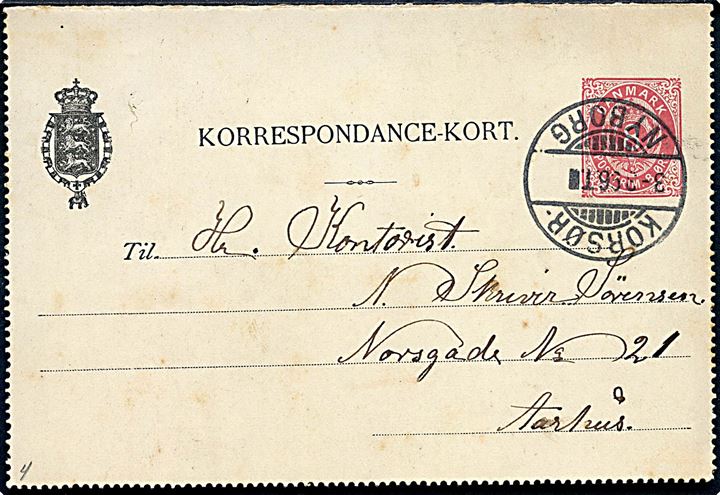 8 øre helsags korrespondancekort fra Korsør annulleret med sejlende bureaustempel Korsør - Nyborg T. (uden tog-nr.) d. 3.3.1896 til Aarhus. Stempel benyttet i jernbanebureau ombord på Storebælts-overfarten. Sjælden.