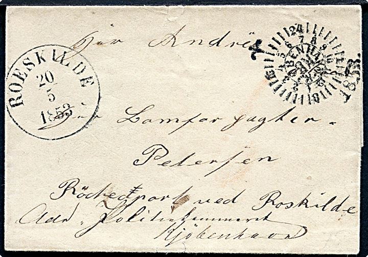 1853. Ufrankeret portobrev med kompasstempel fra Kjøbenhavn KB d. 18.5.1853 til Rødeport ved Roskilde. Ank.stemplet med antiqua Roeskilde d. 20.5.1853 og udtakseret i 6 skilling porto.