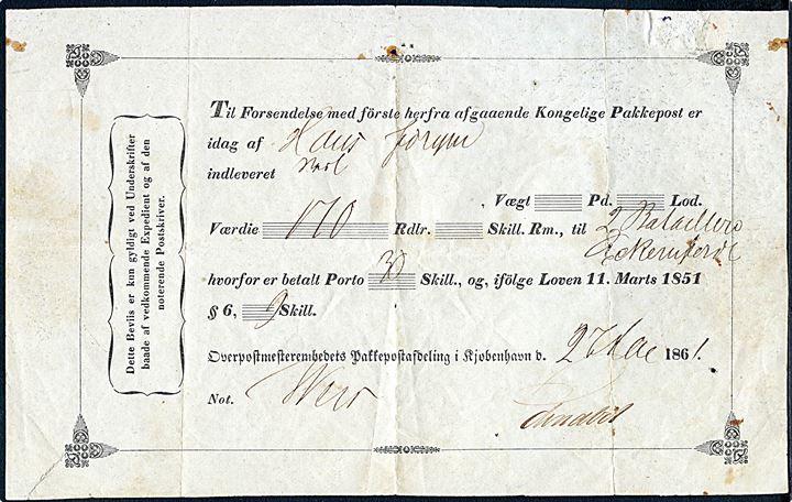 1861. Fortrykt postkvittering fra Overpostmesterembedets Pakkepostafdeling i Kjøbenhavn d. 27.5.1961 for pengebrev med 110 Rdlr. til 2. Bataillion i Eckernförde. Folder.