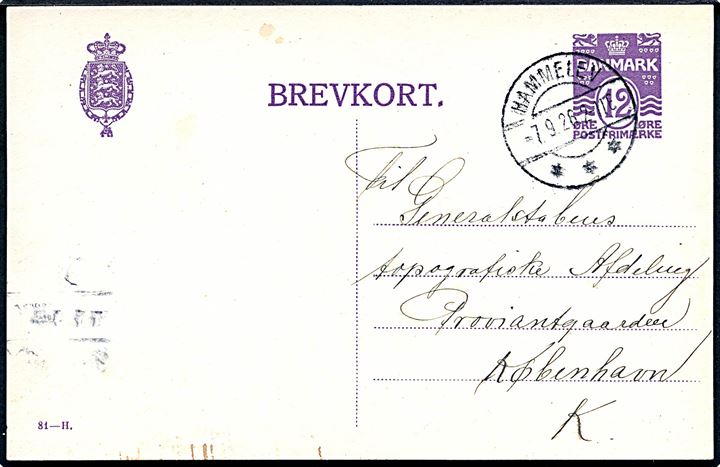 12 øre helsagsbrevkort (fabr. 81-H) annulleret med brotype IIb Hammelev d. 7.9.1926 til København.