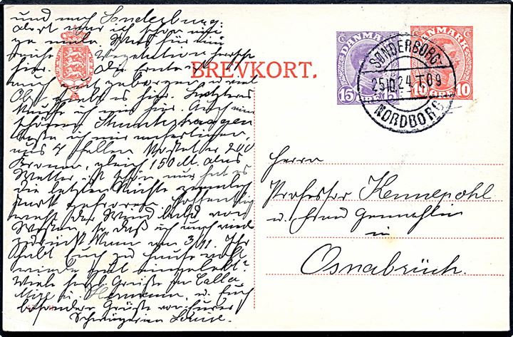 10+15 øre Chr. X provisorisk helsagsbrevkort (fabr. 57-H) fra Augustenborg annulleret med bureaustempel Sønderborg - Nordborg T.09 d. 25.10.1924 til Osnabrück, Tyskland.