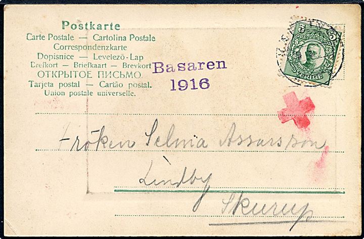 5 öre Gustaf på bevkort stemplet Käflinge d. 9.6.1916 med sidestempel Røde Kors og Basaren 1916 til Skurup.