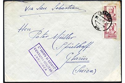 25 cts. Isabel i parstykke på brev fra Zaragoza d. 3.7.1937 påskrevet via San Sebastian til Glarus, Schweiz. Lokal spansk censur fra Zaragoza.