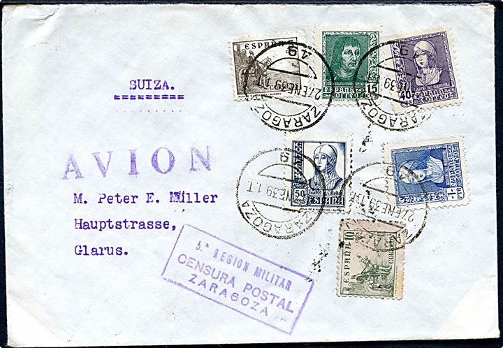 2 pts. blandingsfrankeret anbefalet luftpostbrev fra Zaragoza d. 27.1.1939 til Glarus, Schweiz.
