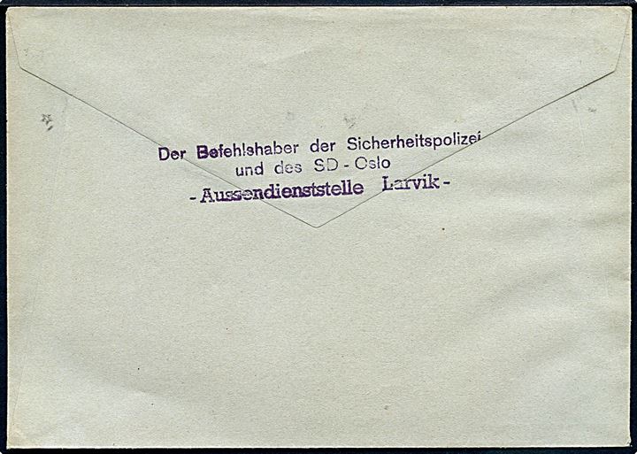 Ufrankeret tysk tjenestebrev fra Larvik d. 18.5.1942 til politimesteren i Notodden. To forskellige briefstempler fra Der Befehlshaber der Sicherheitspolizei und des SD - Oslo - Aussenstelle Larvik -.