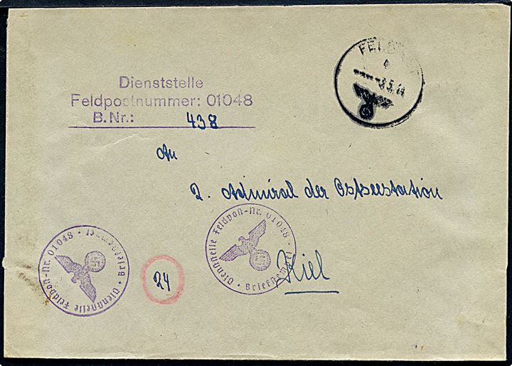 Ufrankeret feltpostbrev stemplet Feldpost d. 3.5.1944 til 2. Admiral der Ostseestation, Kiel, Tyskland. Briefstempel fra Dienststelle Feldpostnummer 010148 =  Hafenschutz-Flottille Drontheim.