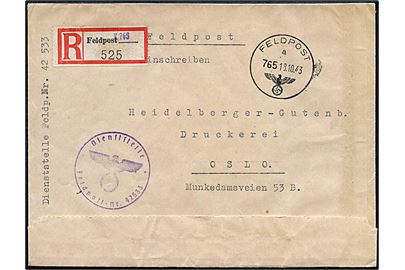 Ufrankeret anbefalet feltpostbrev stemplet Feldpost 765 d. 18.10.1943 til Oslo. Briefstempel fra Feldpost 42533 = Feldpostamt 930 i Alta med taktisk nr. 765.