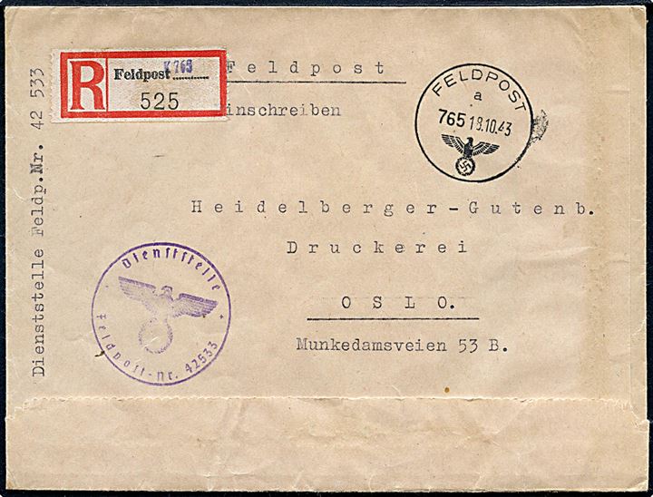Ufrankeret anbefalet feltpostbrev stemplet Feldpost 765 d. 18.10.1943 til Oslo. Briefstempel fra Feldpost 42533 = Feldpostamt 930 i Alta med taktisk nr. 765.