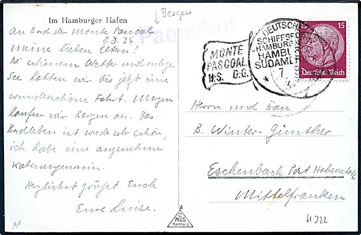 15 pfg. Hindenburg på brevkort (Hamburg Hafen) annulleret med tysk skibsstempel Deutsche Schiffspost Hamburg Süd Hamburg-Südamerika / Monte Pascoal H:S. D:G. d. 7.8.1934 og svagt norsk stempel i Bergen samt violet Paquebot til Tyskland.