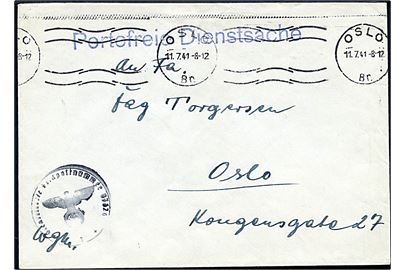 Ufrankeret tjenestebrev i Oslo d. 11.7.1941 med liniestempel Portofreie Dienstsache og briefstempel fra Feldpost nr. 07626 (= Gen. Kommando XXI. AK. (Gruppe XXI), dann AOK Norwegen).