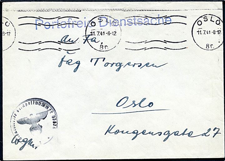 Ufrankeret tjenestebrev i Oslo d. 11.7.1941 med liniestempel Portofreie Dienstsache og briefstempel fra Feldpost nr. 07626 (= Gen. Kommando XXI. AK. (Gruppe XXI), dann AOK Norwegen).