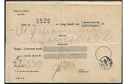 Postkvittering Bl. 242 (2-46 A6) med fingerbølstempel Bergen d. 19.12.1946.