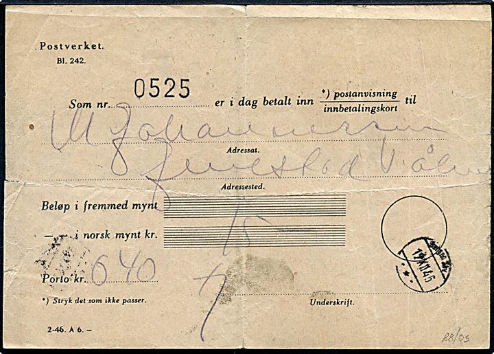 Postkvittering Bl. 242 (2-46 A6) med fingerbølstempel Bergen d. 19.12.1946.