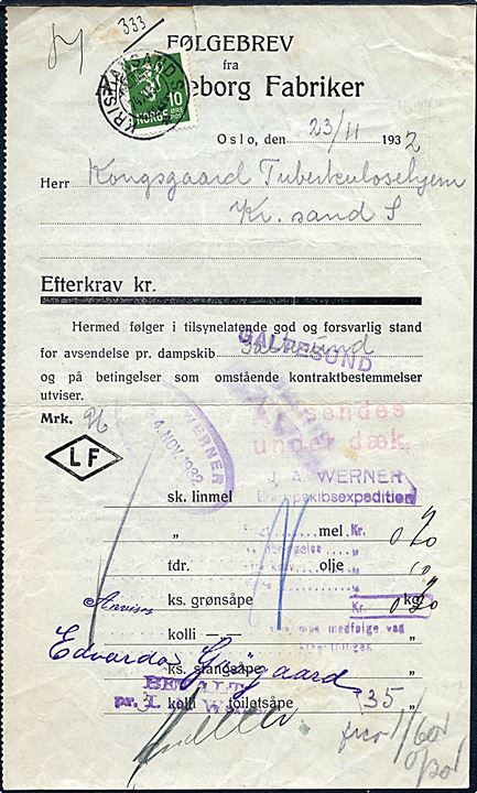 10 øre Løve stemplet Kristiansand S. d. 24.11.1932 på Følgebrev fra Lilleborg Fabriker for gods sendt med dampskibet Galtesund til Kristiansand S.