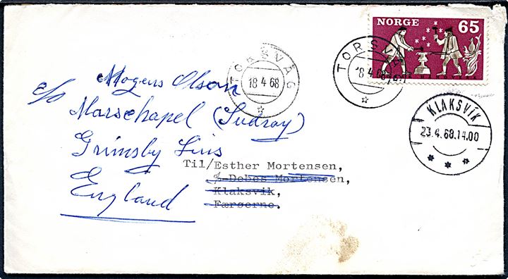 65 øre på brev fra Torsvåg d. 18.4.1968 til Klaksvik, Færøerne - eftersendt til Grimsby, England.